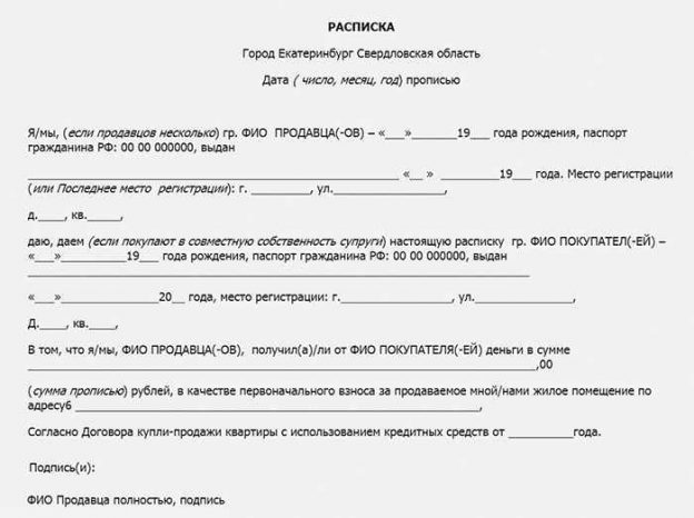 Расписка на передачу денег образец за квартиру